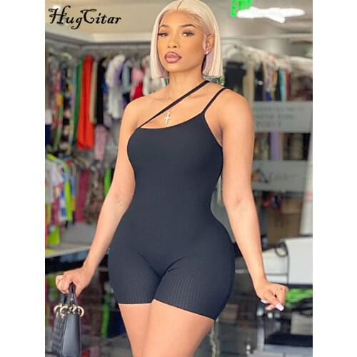 Hugcitar 2021 Sleeveless Halter Slip Solid Backless Ribbed Skinny Bodycon Playsuit Summer Women Streetwear Casual Romper