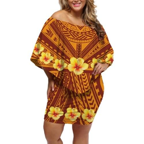 Customized Wholesale Polynesian Tribal Samoa Lokostyle Design Plus Size Women Slash Sleeve Short Sexy Ruffle Dress for Summer