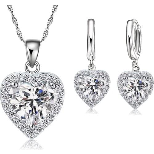 Fine 925 Sterling Silver Jewelry Set For Women Bridal Wedding Heart Austrian Crystal Necklaces Earrings Set Valentine Day