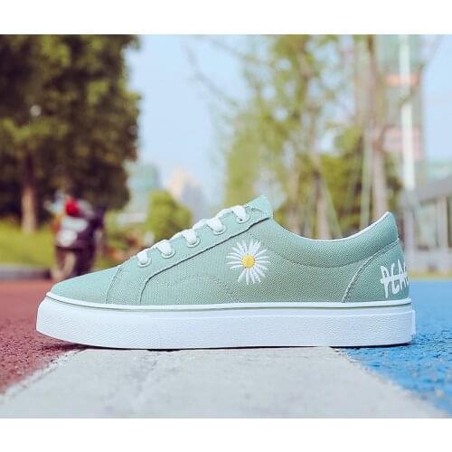 Fashion Womens Canvas Shoes Womens Flat Shoes Women Sneakers Cute Embroider Comfortable Student Shoes Lace-up Shoe