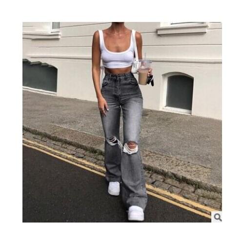 Trendy Women Worn-Out Ripped Adult High-Waist Flared Jeans Spring and Autumn Skinny Denim Flared Pants S / M / L / XL / XXL