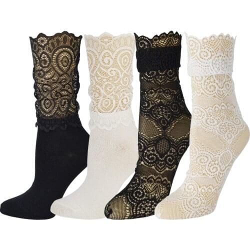 RMSWEETYIL Lace Socks Women Sheer Sexy Frilly Mesh Slouch Transparent Fishnet Black White Ruffle Lolita Ladies Dress Crew Sock