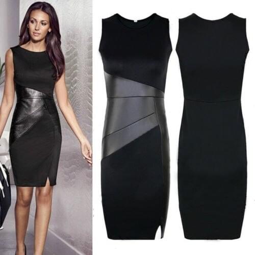 2019 New Ladies Womens Short Dress PU Sexy Slim Fashion Bandage Bodycon Sleeveless Evening Party Clubwear