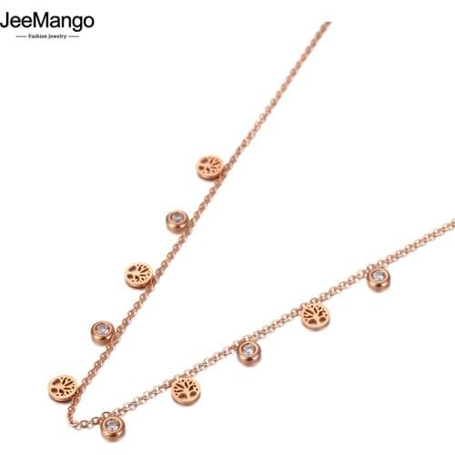 JeeMango New Design Trendy Tree Plant Pendant Necklace For Women Stainless Steel CZ Crystal Link Chain Choker Necklace JN20132