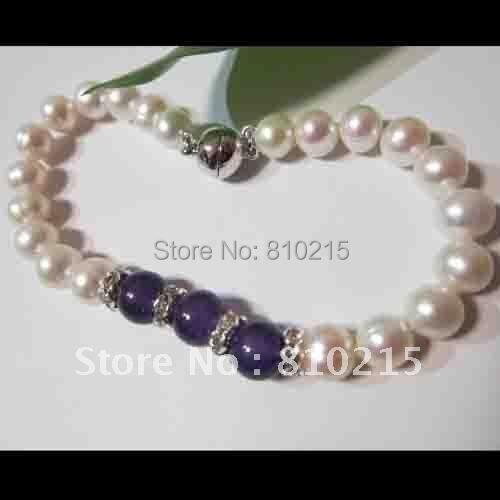 Charming! New Purple Onyx Genuine Freshwater Pearl Bracelet Bangle 7.5inch Fashion Pearl Jewelry Wholesale New Free Shipping