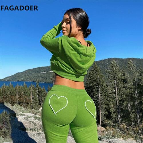 FAGADOER Autumn Embroidery Tracksuit Two Piece Zipper Hooded Crop Top Elastic Waist High Pants Green Casual Sport Outfits 2021