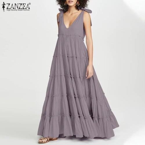 Fashion Summer Maxi Long Dress Elegant V Neck Ruffles Sundress ZANZEA Women Sleeveless Lace Up Solid Party Vestidos Sarafans