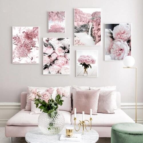 Carnation Cherry Blossom Peony Flower Mountain Nordic Posters and Prints Wall Art Canvas Painting Living Room Decoration Paintin