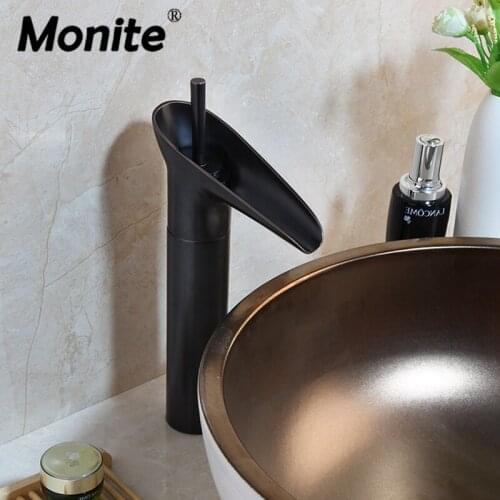 Monite Black Bronze Solid Brass Bathroom Faucet Basin Sink Mixer Tap Counter Top Waterfall Spray Bathroom Mixer Tap