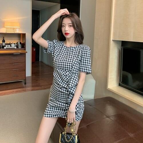 COIGARSAM Sexy Plaid Women one-piece dress korean Dresses Khaki Black 8430