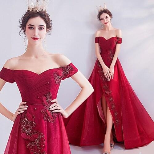 Wine Red A-line Slit Leg Tulle Lace Flowers Diamond Long Formal Elegant Evening Dresses Bride Banquet Party Prom Dress ND04