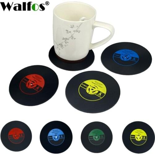 Walfos 4Pcs/set Retro Vinyl CD Record Drinks Coaster Table Cup Mat Coffee Placemat Silicone Printed Pattern Anti-fade Home Decor