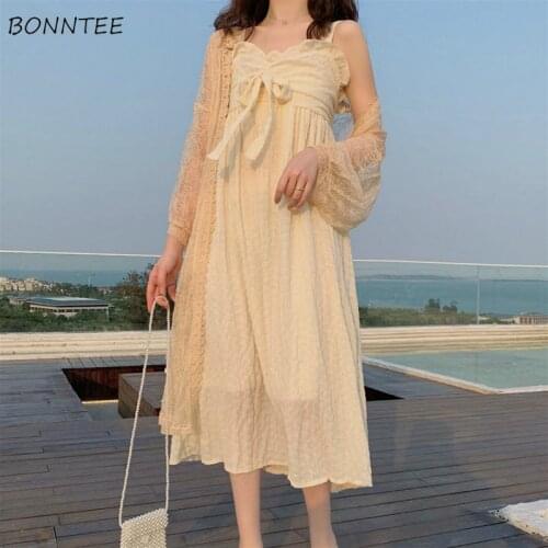 Dresses Women Sweetie Summer Students Korean Style All-match Sleeveless Bow Solid Causal Feminine Vestidos Spaghetti Strap Ins