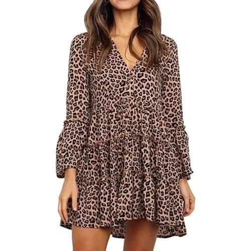 2020 Euroamerican Womens Dresses Fashion Leopard Print V-neck Flared Sleeve Dresses Wave Point V-neck Ladies Female Dresses