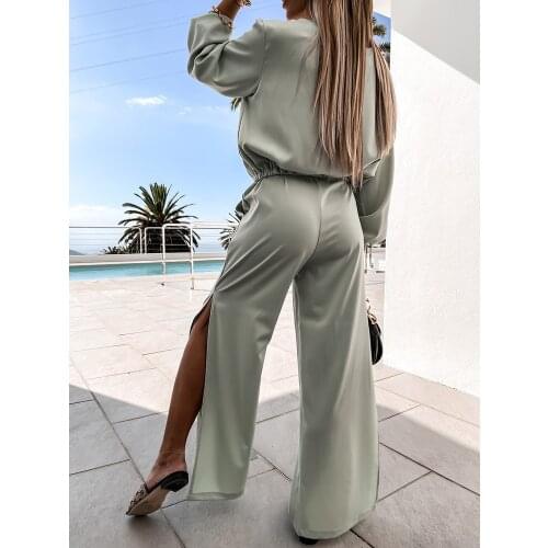 2021 summer womens new V-neck Pullover long sleeve straight pants casual solid color sports suit two piece set