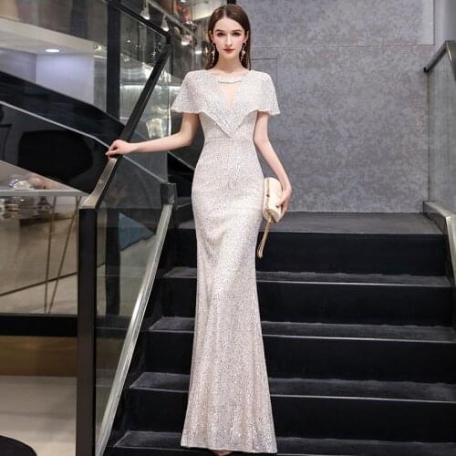Sexy V-Neck Sequins Short Sleeve Evening Dress Women Back Zipper Formal Gowns Robe De Soiree Cheongsam 3XL