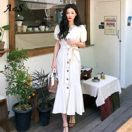 Anbenser Vintage V-Neck Summer Ruffles Dress Women Casual Office Lady Elegant Party Dresses Single-breasted Midi Dress With Belt