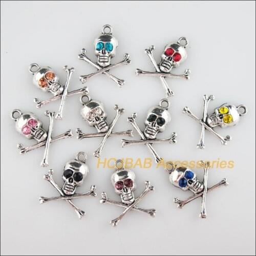 10 New Skulls Charms Retro Mixed Crystal Halloween Pendants Tibetan Silver Tone 21x23.5mm