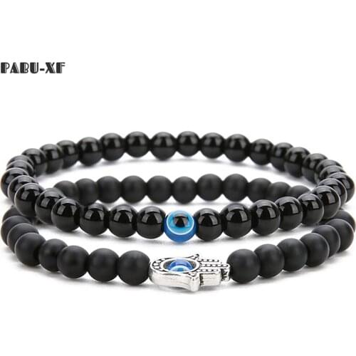 2Pcs/Set Handmade Elastic Black Beads Evil Eye Hamsa Fatima Hand Charm Beaded Couples Kabbalah Bracelet
