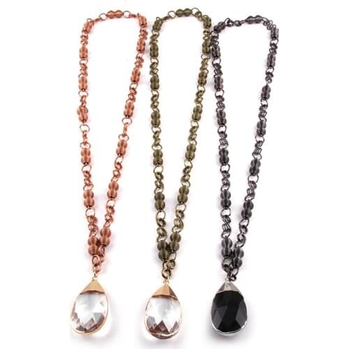 Free Shipping Fashion Ancient Metal Gourd link Glass Drop Pendant Necklaces For Women