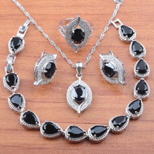 Shiny Eye Design Black Crystal Silver Plated Jewelry Set For Women Earrings Zirconia Necklace Pendant Rings Bracelet Set JS0231