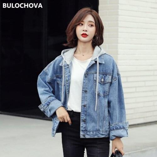 BULOCHOVA Vintage Women Single-Breasted Long Sleeve Loose Cowboy Short Jacket Tops Students Hooded Denim Coats Mujer 2021 New