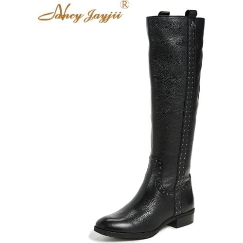 Black Winter Knee High Boots Ladies Square Heel Round Toe Short Plush Rivets Metal Decoration Shoes Woman Work Concise