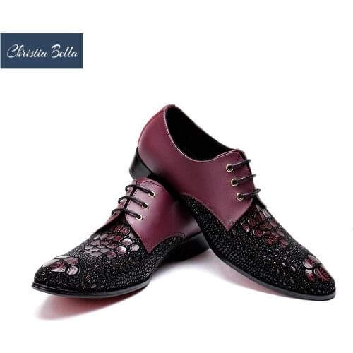 Christia Bella Men Dress Shoes Genuine Leather Crocodile Print Red Lace Up Men Wedding Shoes Brogue Shoes Male Plus Size 38-47