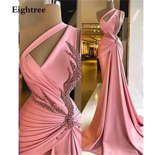 Eightree Pink Long 2021 Saudi Arabia Sleevless Prom Dress Appliques One Shoulder Floor Length Pleat Evening Party Dresses Gowns