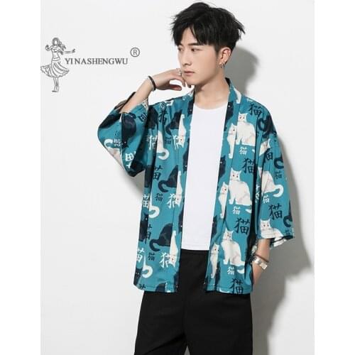 Cat Print Coat Yukata Kimono Cardigan Men Femal Harajuku Japan Haori Summer Blue Color Asia Cosplay Costumes Traditional Shirts