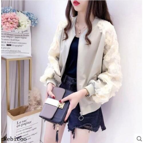 Short Jacket Coat Female Spring Autumn Womens New Korean Loose Vertical Collar Sequins Lantern Sleeves Zipper Jacket Girls