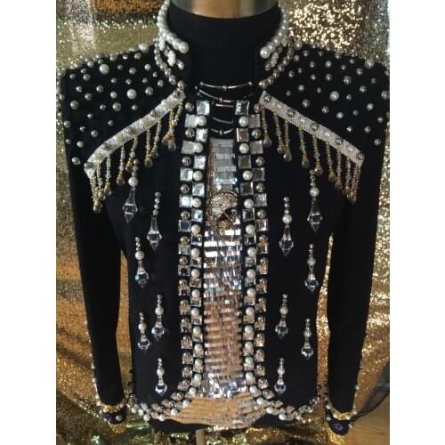 High Quality Male slim pearls rhinestone performance outfit Jacket star stage DS nightclub singer suit costume