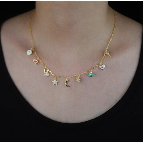 2020 Summer Cool Cute Enamel Colorful Clip/Moon Star Flower/Star/Eye/Lock/Key Shape Pendant Necklace For Women Wedding Gift