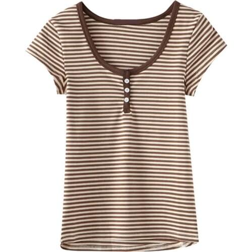 PUWD Sweet Girls Striped Soft Cotton T-shirt 2021 Summer Fashion Ladies Slim O Neck Streetwear Tees Vintage Women Chic Tops