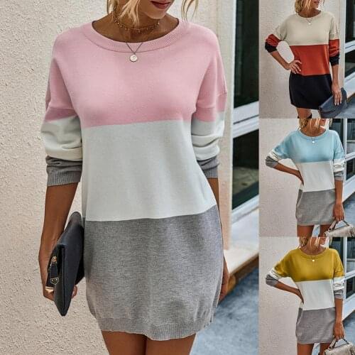 Fashion Casual Women O Neck Strips Color Block Slim Long Sweater Mini Dress