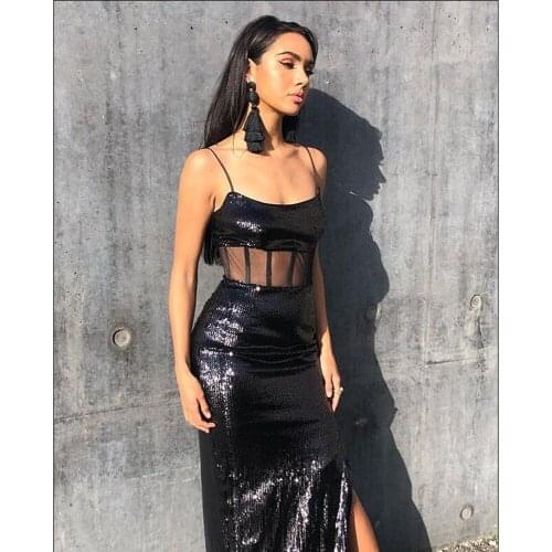 Babatique Fashion Women Bodycon Sexy Sleeveless Mesh Sequined Black Long Dress 2021 Elegant Robe Femme Evening Party Vestidos