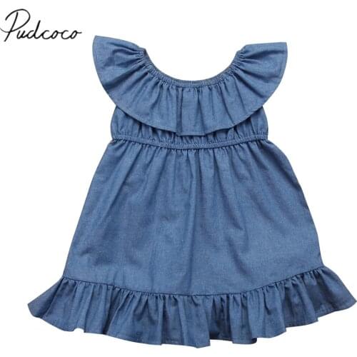 2018 Brand New Toddler Infant Child Kid Baby Girl Denim Dress Off Shoulder Party Dress Sleeveless Summer Ruffled Clothes 2-7Y