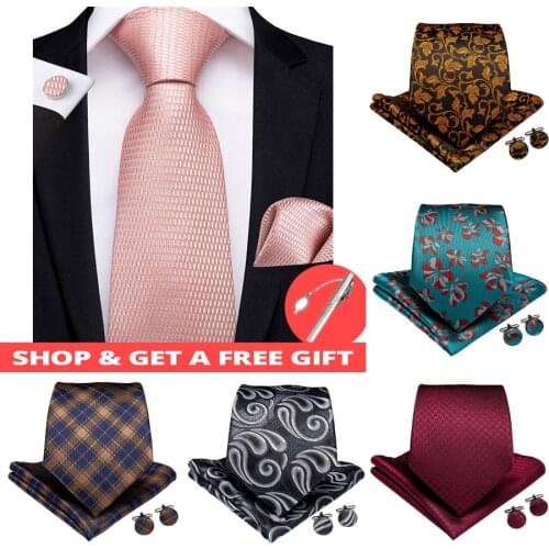 DiBanGu New Designer Men Gifts Tie Clip 150cm Long Ties 100% Silk Necktie Hanky Cufflinks Tie Wedding Business Party Tie Set
