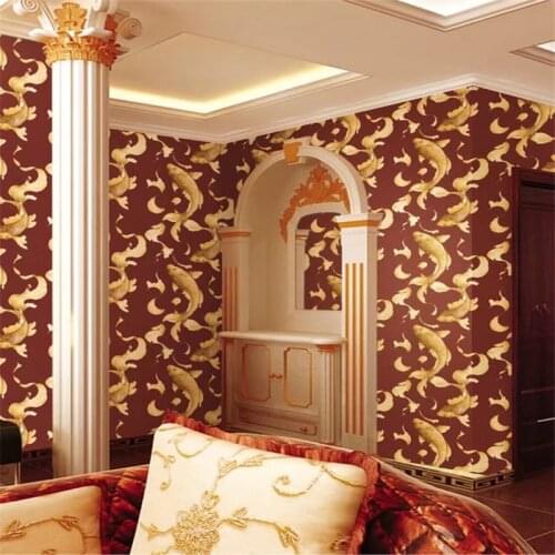 Beibehang Neo-classical Chinese red wallpaper goldfish wallpaper feng shui fish pattern devil hotel background wall