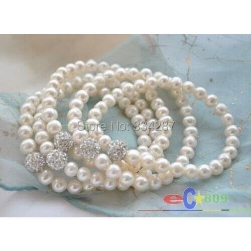 Wholesale Stretch 8" 8mm white pearl silver color gemmy bead bracelet 5pcs