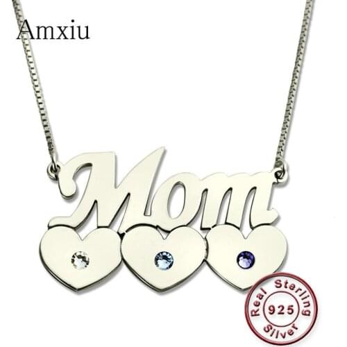 Amxiu Custom Name Necklace with Three Birthstones Heart Necklace 925 Sterling Silver Necklace for Mother Personalized Jewelry
