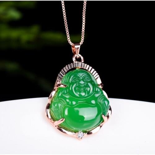 Natural green jade pendant necklace handcarved Buddha rose gold 925 sterling silver jade jewelrysilver 925 jewelry necklace