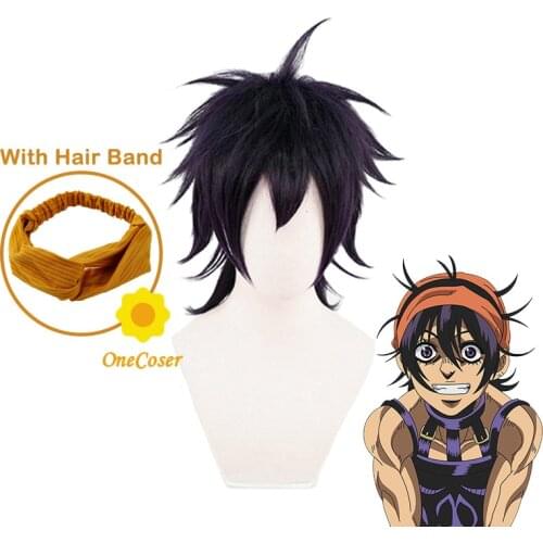 JOJOs Bizarre Adventure Narancia Ghirga Cosplay Dark Purple Wig with Hair Band Heat-resistant Fiber Hair + Wig Cap Party Props