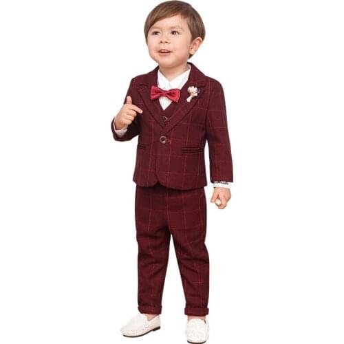Flower Boys Jacket+vest Pants Bowtie 4pcs Formal Wedding Suit Gentleman Kids Birthday Dress Children Party Costume 2-12 T