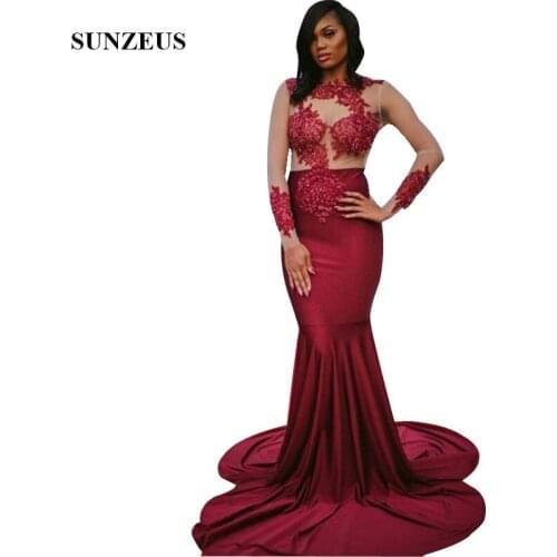 Long Sleeve Prom Dresses 2019 Sexy Appliques Illusion Bodice Mermaid Party Gowns Wine Red Jersey robe bal
