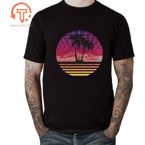 Retro 80s Outrun Sunset Palm Tree Silhouette Tshirt Original Manga Men T-Shirt Fashion Hotline Miami T Shirt Pure Cotton Top Tee