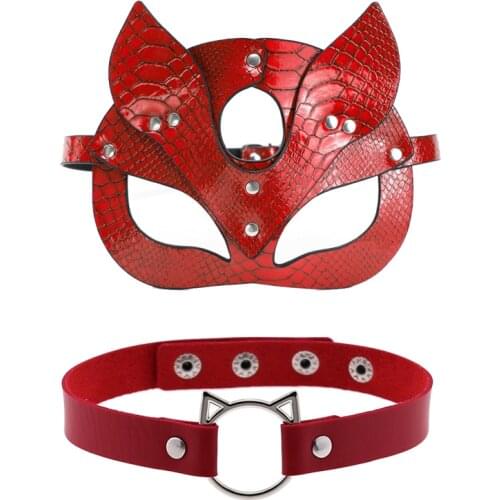 Sexy PU Leather Cat Mask With Collar For Women Red Bondage Cat Masquerade Eye Mask Halloween Carnival Club Party Cosplay Mask