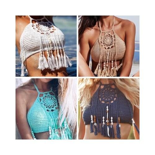 Sexy Women Push Up Tassel Bikini Top Boho Beach Swimwear Crochet Fringe Bikini Bra Halter Camisoles Tank Swimsuit Hot Sale