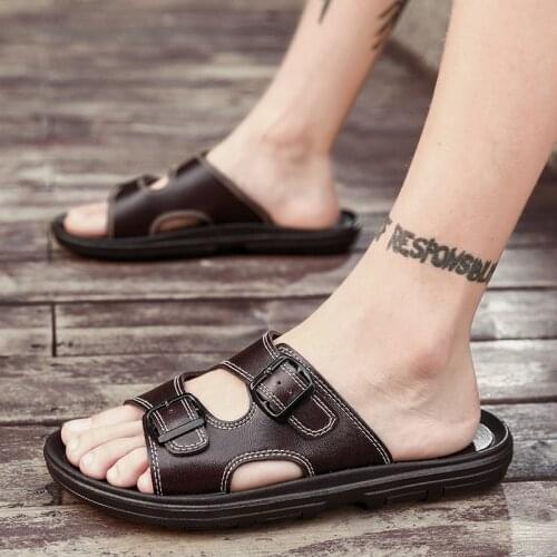 Men Shoes Summer Man Slippers Massage Non-slip Outdoor Indoor Slides Soft Leather Flip-flops Lightweight Breathable Male Sandals