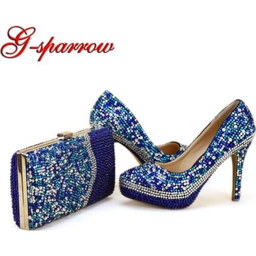 Royal Blue Rhinestone Wedding Shoes with Purse Handmade Gorgeous Party Prom Pumps Matching Bag Cinderella Prom High Heels Clutch